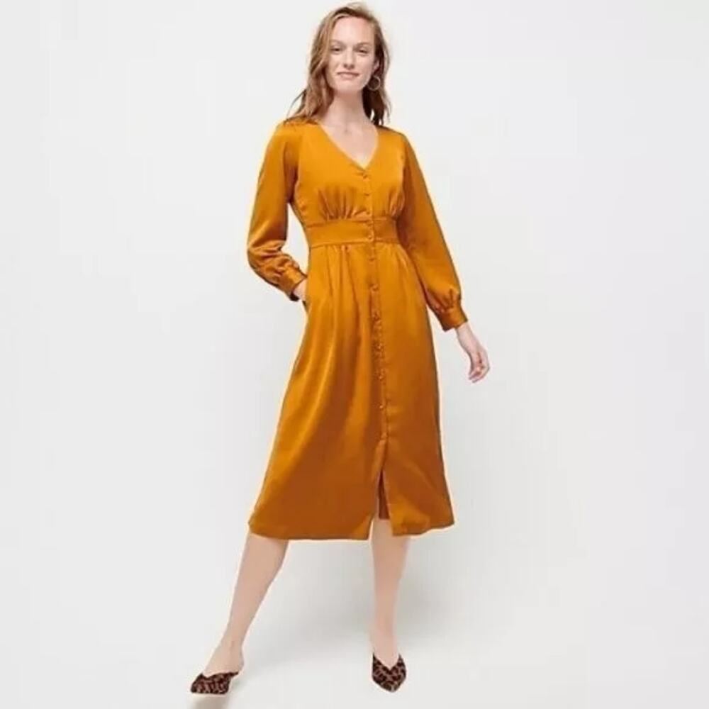NWT J. CREW Women Button Front A-Line Midi Dress Long Sleeve V Neck Gold sz 20